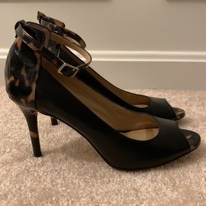 Ann Taylor black peep toe pumps with ankle strap and tortoise shell details